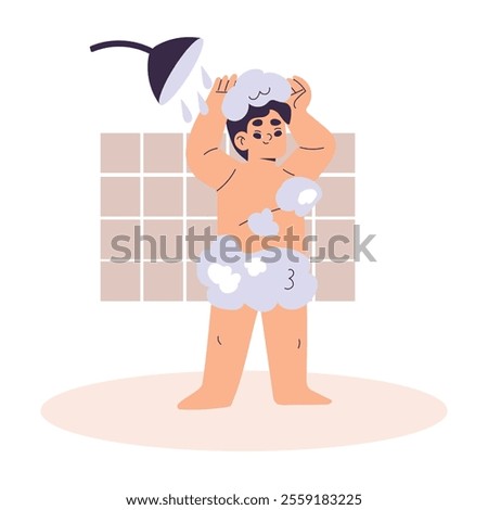 Boy Character Take Shower Have Schedule and Daily Routine Activity Vector Illustration