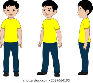 Boy Character Turnaround Illustration, yellow t shirt, blue pant, front, side, front three fourth, Boy vector