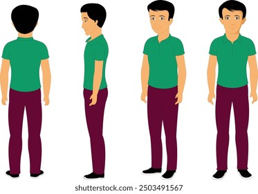 Boy Character Turnaround Model Sheet, Character Model sheet. Front, side view character. character set with various views