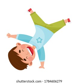 Boy Character Turning Somersaults and Standing Upside Down Joyful and Excited Vector Illustration