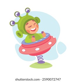 Boy Character in Ufo Shuttle Playing Alien Vector Illustration