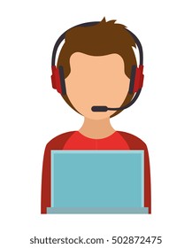 boy character using laptop and headphones