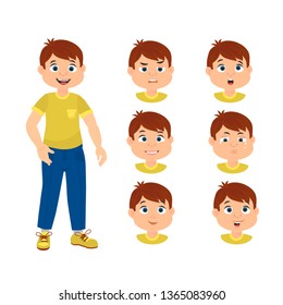 Boy character with various views, face emotions. Funny cartoon and vector character. 