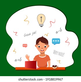 Boy character vector colorful illustration online education computer desk Idea solution