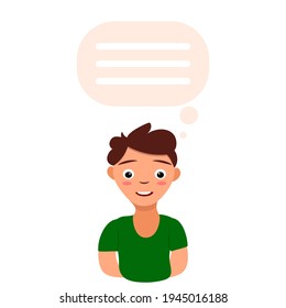 Boy character vector illustration isolated on white icon person thinking message idea cheerful smiling kid colorful flat cartoon 