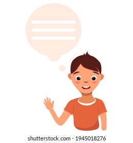 Dibujo vectorial del personaje de un niño aislado en un icono blanco persona pensando en la idea de mensaje alegre sonriente niño colorido caricatura plana