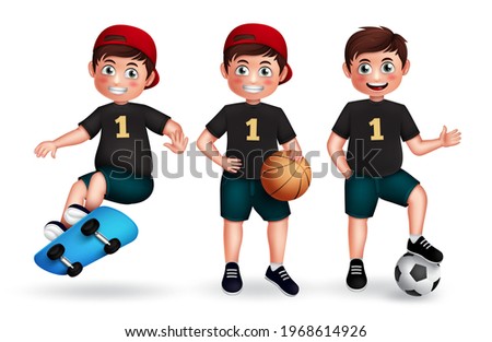 Boy character vector set. Male 3d characters in playing basketball, baseball and surfboarding sport activity isolated in white background for student school activities collection design.