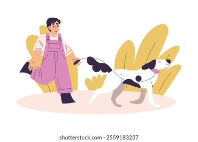 Boy Character Walking the Dog Have Daily Routine Activity Vector Illustration