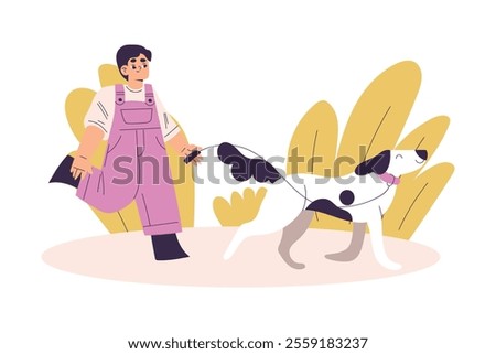 Boy Character Walking the Dog Have Daily Routine Activity Vector Illustration
