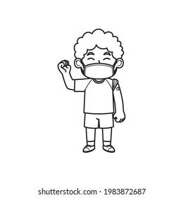 El Carácter De Niño Con Una Máscara De Cara Se Ve Feliz Después De Ser Vacunado. Libro de Colores. Ilustración vectorial.