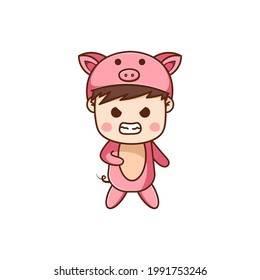 boy character wearing pig costume on white background