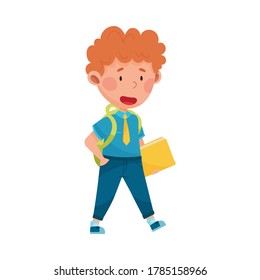 Boy Character Wearing School Uniform and Backpack Walking to School Vector Illustration