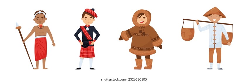 Boy Character Wearing Traditional Ethnic Clothing of Various Countries Vector Set