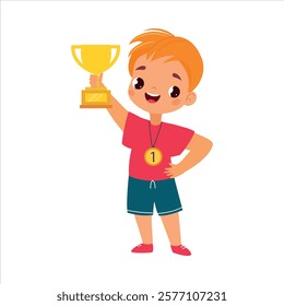 Boy Character Winner with Award Goblet Do Sport Vector Illustration