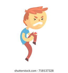 Boy character with wound on his knee cartoon vector illustration
