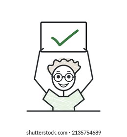 personaje de chico con un cartel de sí, signo correcto, cartel de garrapatas, simple ilusión de doodle vectorial