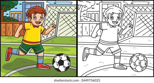 Niño persiguiendo una bola de fútbol para colorear ilustración