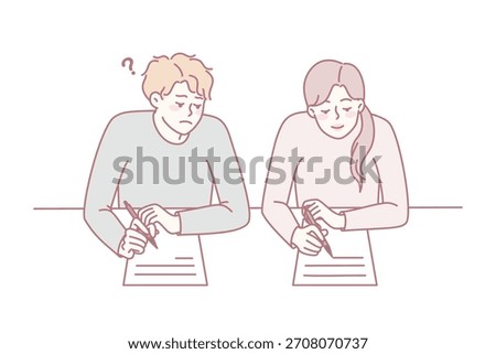 Boy cheating on school exam copy answers from female classmate. Schoolchildren with papers on examination during test. Flat vector illustration.