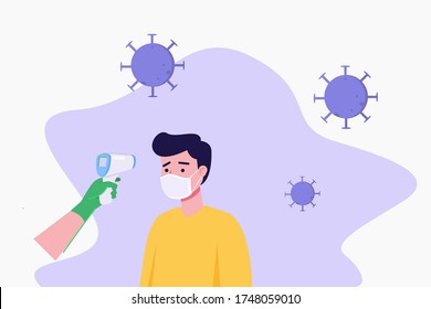 A Boy Checked Body Temperature With Infrared Termometer, A man holding an infrared thermometer to measure temperature of man in surgical mask opposite him vector, Measuring temperature, coronavirus