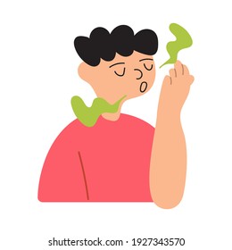Boy checks smell from his mouth.  
Vector illustration on white background.