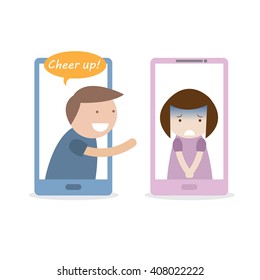 Boy cheer up depressed girl via smart phone.