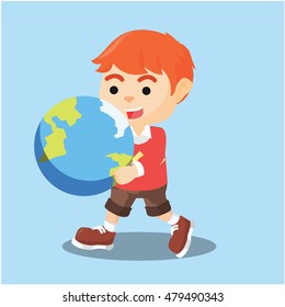 boy cheerful carrying giant globe