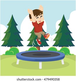 boy cheerful jumping on trampoline