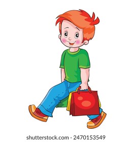 boy cheerfully carries shopping bags, cartoon illustration, isolated object on white color, vector illustration, eps