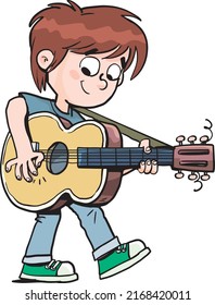 boy cheerfully plays the guitar and triggers one string