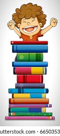 Boy cheering with pile of books
