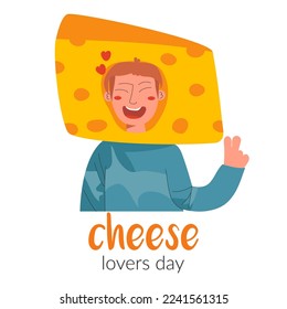 Un niño con un sombrero de queso sonriente y mostrando un signo de paz. Día Nacional de los Amantes del Queso. Ilustración de material vectorial aislada en fondo blanco