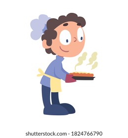 Boy Chef Baking Pie, Cute Child Professional Cooker Character Wearing White Hat and Apron Cooking Delicious Food on Kitchen Cartoon Style Vector Illustration