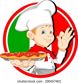 boy chef cartoon holding pizza