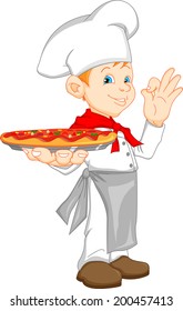 boy chef cartoon holding pizza