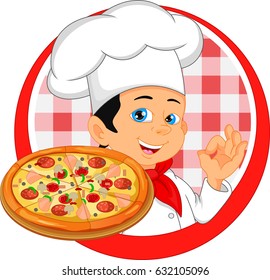 caricatura del chef chico con pizza