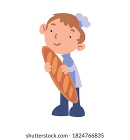 Chef Cocinero Portando Pan de Pan, Cuto niño personaje de cocina profesional usando sombrero blanco y cocina apron deliciosa comida en cocina estilo vector de dibujos animados Ilustración