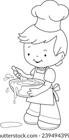 Boy chef cooking in the kitchen. Little child cook baking at home. Vector black and white coloring page.