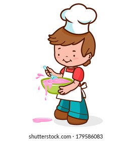 Boy With A Chef Hat And Apron, Holding A Bowl And Cooking. Vector Illustration
