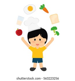 boy with chef hat and food around over white background. colorful design. vector illustration