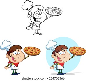 Boy Chef Holding A Pizza. Vector Collection Set