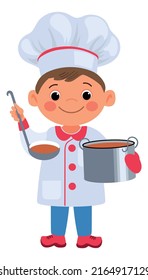 Boy chef holding soup pot. Funny cooking kid