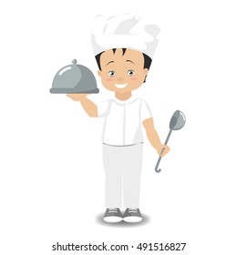 Boy chef holding a tray of prepared dish. Vector illustration on white background