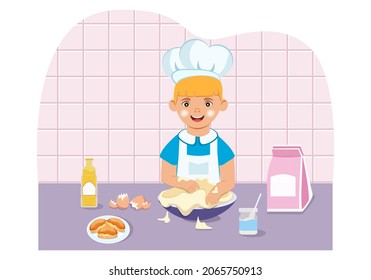 A boy chef kneads raw wheat dough in a bowl. The process of cooking in the kitchen. Concept of play, entertainment, learning. Funny character in a flat style. Vector.