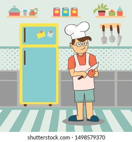 Boy Chef Peeling Vector Illustration