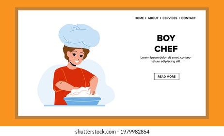 Boy Chef Prepare Dough For Delicious Cakes Vector. Boy Chef Help Parents On Kitchen, Cooking And Baking Cookies. Character Child Cook Pastry Dessert Food Web Flat Cartoon Illustration