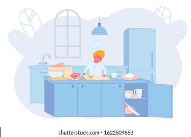 Boy Chef Reading Culinary Book Ready to Cook Cupcake Flat Cartoon Vector Illustration. Table with Utensils and Ingredients. Child in Uniform Baking Pastry. Eggs, Flour, Decoration.