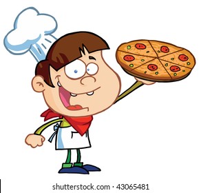 Boy Chef Showing A Delicious Pizza