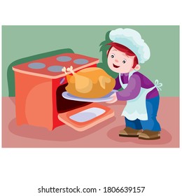boy in a chef's cap and in an apron puts a big turkey in an open stove, illustration for a mul film, vector, eps