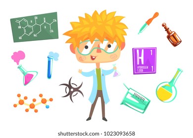 Boy Chemist, Kids Future Dream Professional Occupation Illustration With Related To Profession Objects