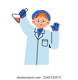 Garoto no laboratório de química para experimentos químicos. Estudante criança curioso bonito no jaleco com frasco. Feliz aluno da escola estudando, aprendendo. Ilustração de vetor plano isolada no plano de fundo branco